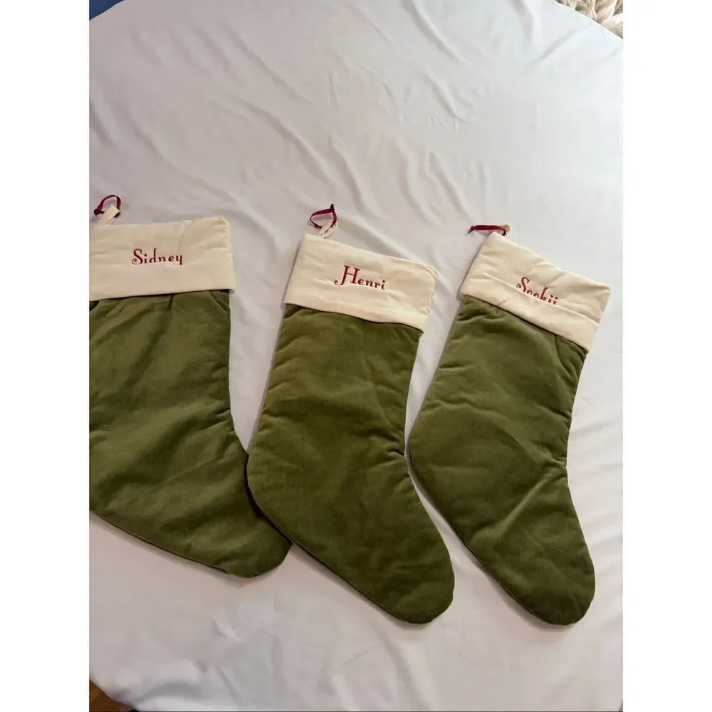 Pottery Barn Classic Med Green Ivory Velvet Christmas Stocking Mono Pick One